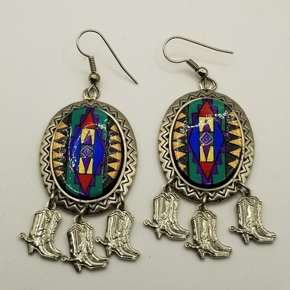 Silvertone Aztec Western Colorful Mosaic Dangle Earrings Cowboy Boots Large - Picture 2 of 9